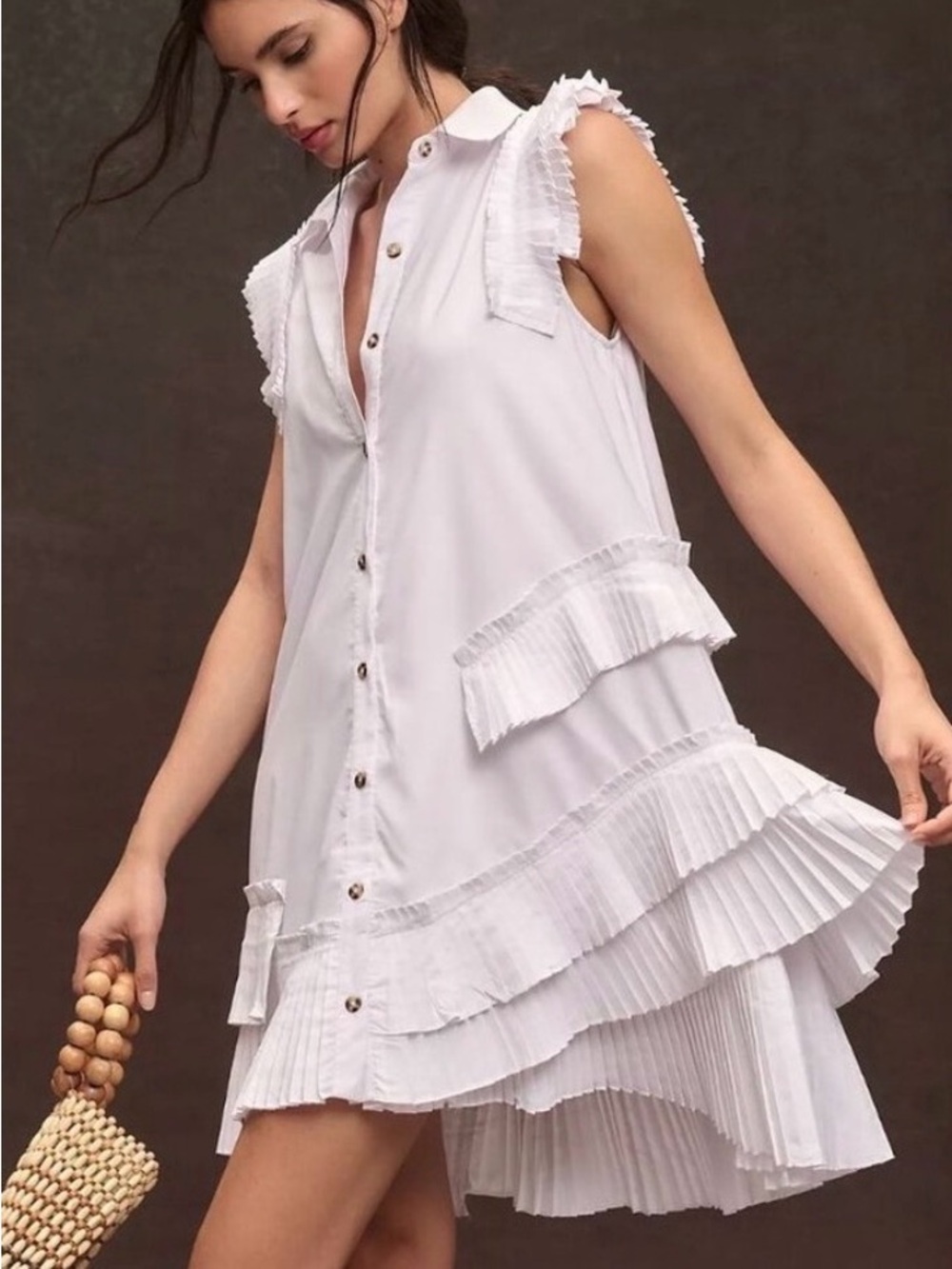 Anthropologie White Sleeveless Pleated Ruffle Shirt Dress